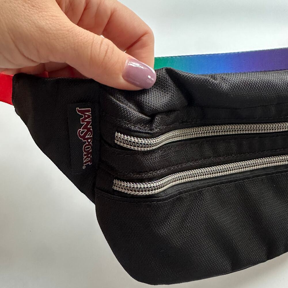 Jansport black double zipper‎ fanny pack with rainbow strap - Picture 2 of 5